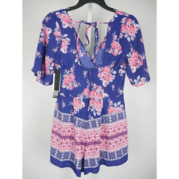 Trixxi Juniors Printed Flutter-Sleev Navy Floral Romper S - Picture 3 of 7